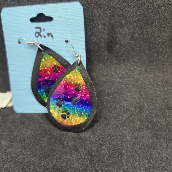 Hand Crafted Faux Leather Rainbow Teardrop Earrings with Paw Prints - Picture 2 of 5